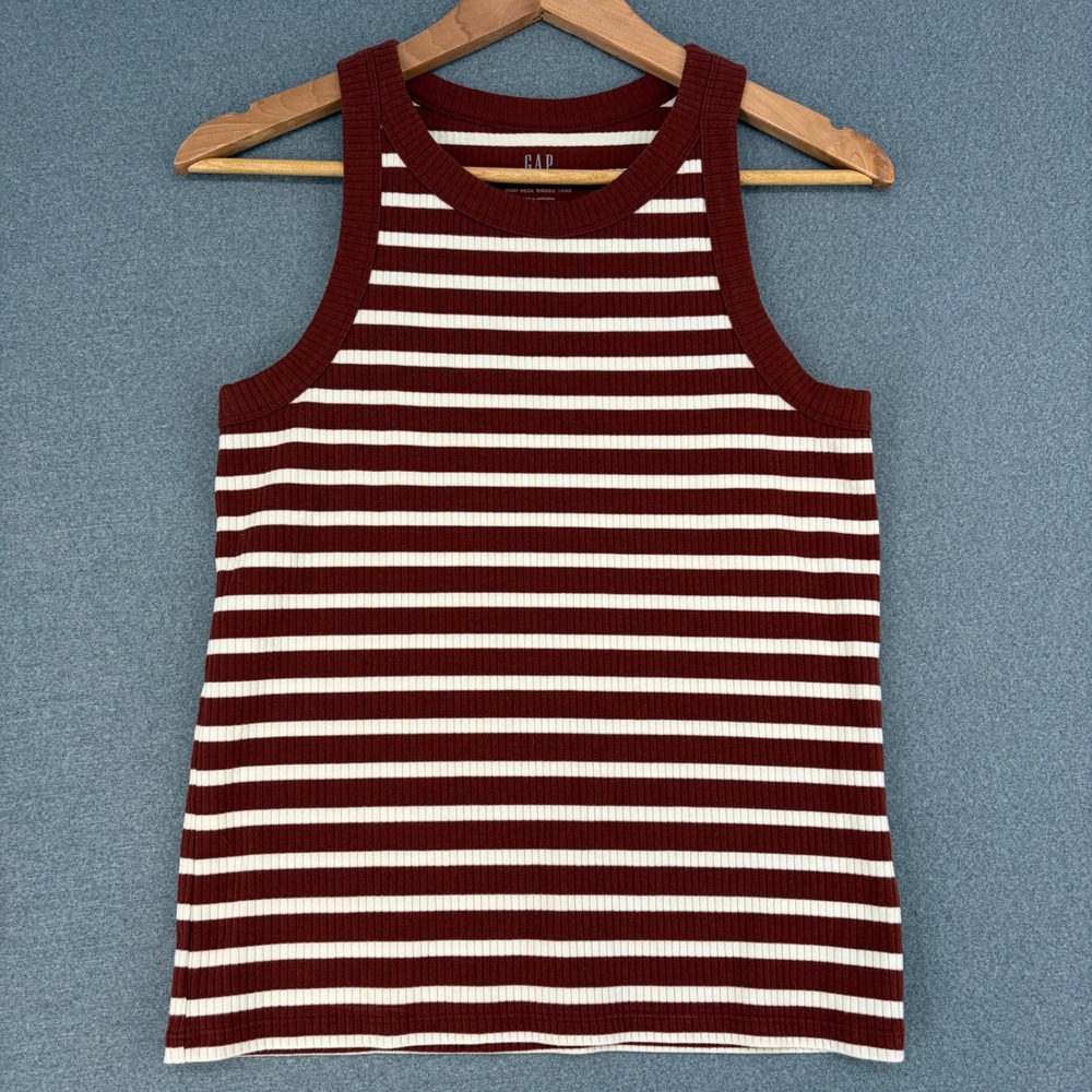 Gap Women Medium Brown White Striped High Neck Ribbed Tank Top Sleeveless Preppy